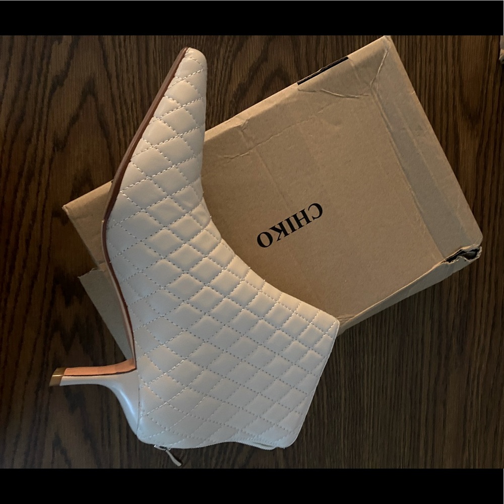 Never worn: Chiko Boots: tan, quilted, 1/4 heal, size 7.5, narrow, back zipper